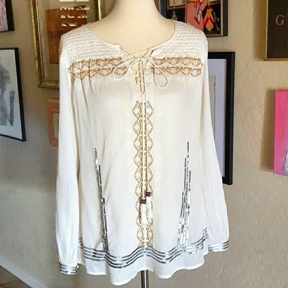 Sundance Ivory Embroidered Sequin Lace Up Boho Peasant Blouse Small - Picture 2 of 7